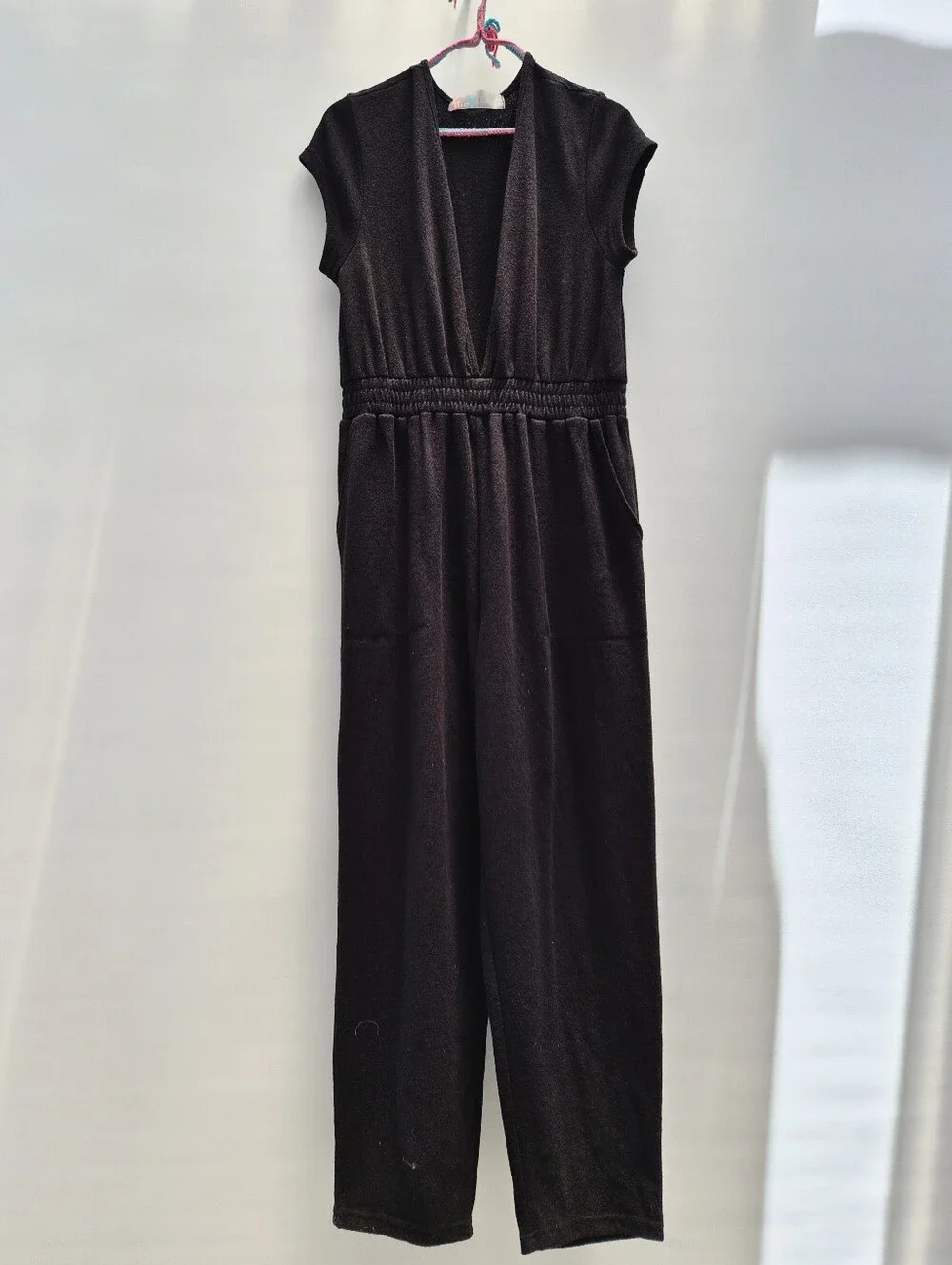 Free People Beach Rita Jumpsuit M Black Terry Knit Deep V Minimalist Resortwear